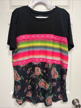 Crazy Train Black Tee with Bright Pink Stripes & Floral Panel